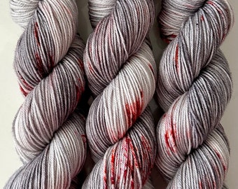 Hand Dyed Yarn "Splattered" Grey Silver Red Scarlet Wine Chestnut Orange Rust Speckled Merino Nylon DK Weight SW 248yds 100g