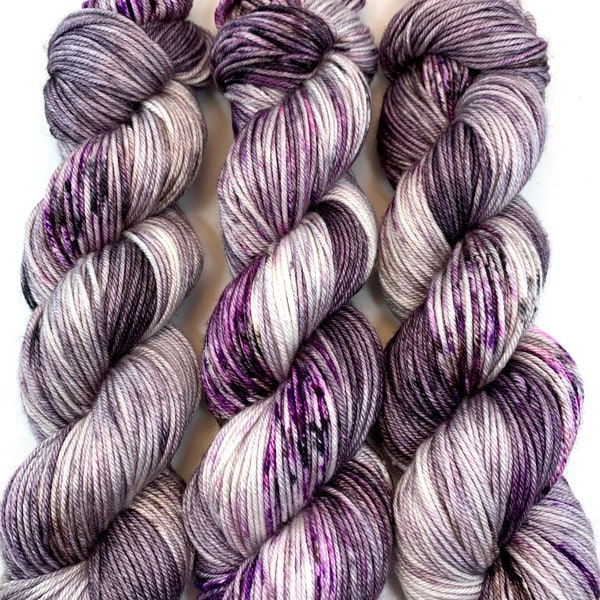 Hand Dyed Yarn "Cobwebs and Dust" Purple Grey Violet Black Brown Pink Speckled Merino Silk DK Superwash 231yds 100g