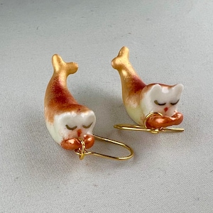 Porcelain mermaid cat earrings, handmade jewelry, original gift for cat and sea lovers