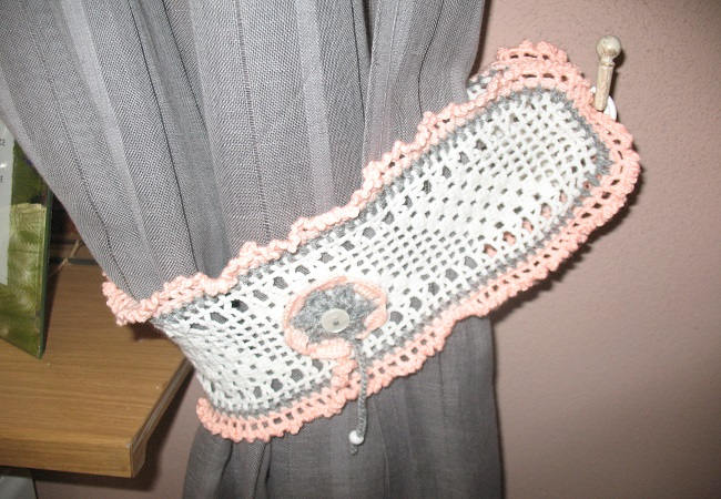 2 Embrasses A Rideaux Au Crochet Blanc/Saumon