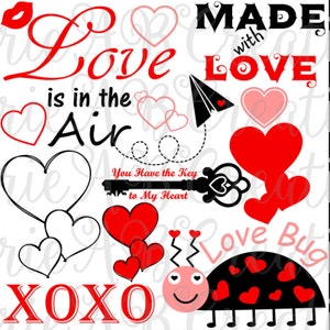 Puede incluir: Una descarga digital de gráficos con temática del Día de San Valentín. Los gráficos incluyen corazones, una llave, una mariquita y el texto "El amor está en el aire", "Hecho con amor", "Tienes la llave de mi corazón", "Mariquita del amor" y "XOXO".