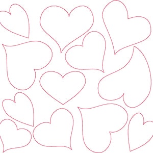 May include: A set of ten red heart-shaped outlines on a white background.