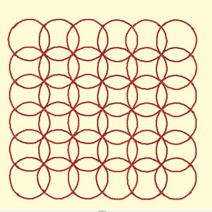 May include: A pattern of overlapping red circles on a white background. The circles are arranged in a grid pattern, with each circle overlapping the circles next to it.