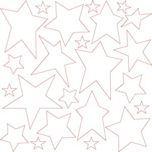 May include: A white background with a pattern of red outlined stars of various sizes.