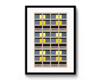 Brutalist Architecture, Park Hill Print, Sheffield, Wall Art, Architectural Poster, Yellow, Red, A5, A4, A3, A2