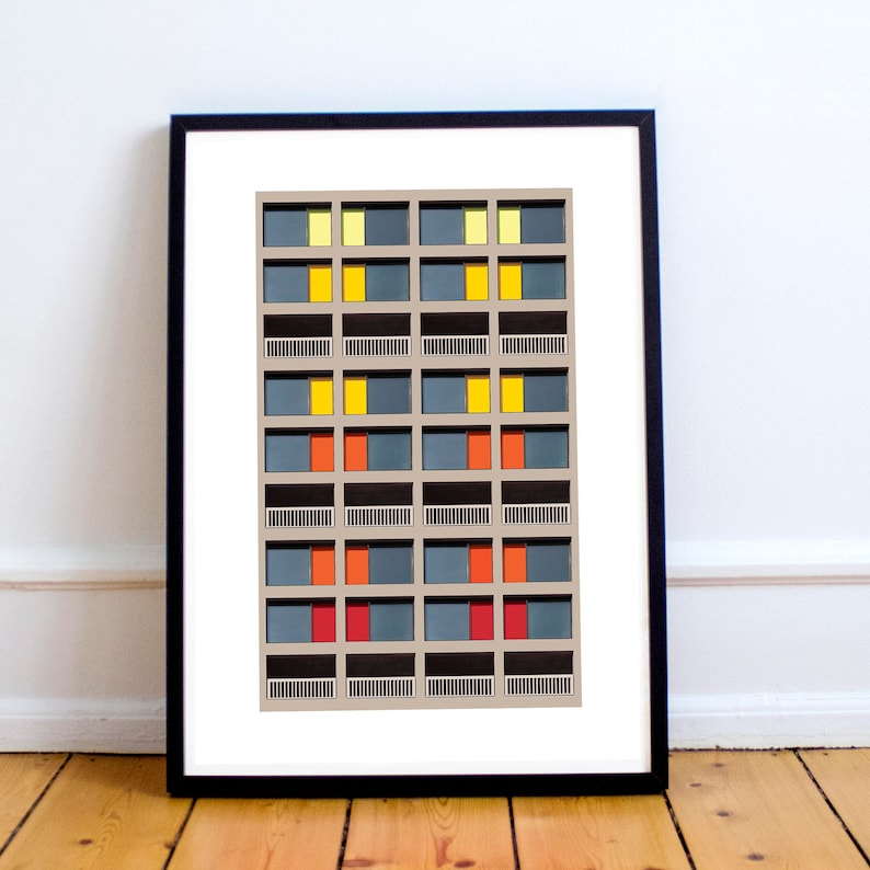 A brutalist architecture print of a facade of Park Hill flats in Sheffield UK, showing the different colour of each floor from Yellow, orange and red, set over the raw concrete shell and walkways.