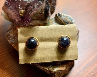 May include: A pair of gold stud earrings with dark blue round gemstone accents. The earrings are displayed on a brown paper card.
