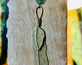 Moss Agate Bronze Feather Necklace