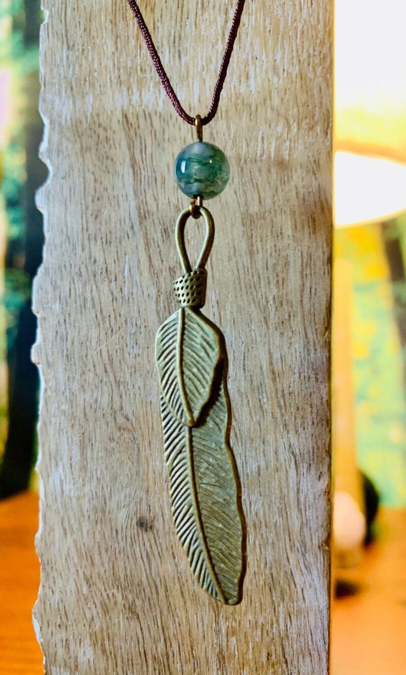 Moss Agate Bronze Feather Necklace image 1