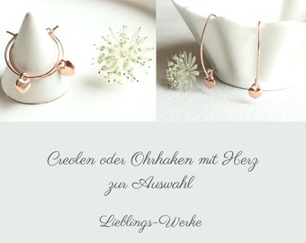 Creolen oder Ohrhaken mit Herz Silber rosévergoldet/Rosegold Creolen/Herz Ohrringe/Roségold Ohrringe/Geschenke für Frauen