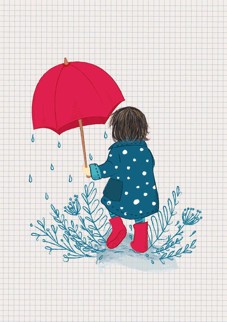 Affiche illustration de petite fille grand parapluie rouge Affiche illustration de petite fille grand parapluie rouge