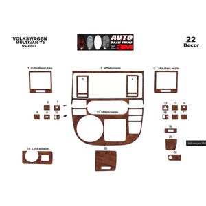 May include: Diagram showing the placement of 22 woodgrain car interior trim pieces for a Volkswagen Multivan-T5, 05/2003. The diagram shows the placement of the trim pieces on the dashboard, centre console, and door panels.