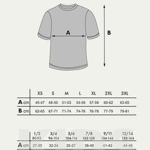 Peut inclure: Tableau des tailles pour v&ecirc;tements unisexes pour enfants avec des mesures en pouces et en centim&egrave;tres. Le tableau indique les mesures de la poitrine (A) et de la longueur (B) des v&ecirc;tements dans diff&eacute;rentes tailles, de XS &agrave; 3XL.