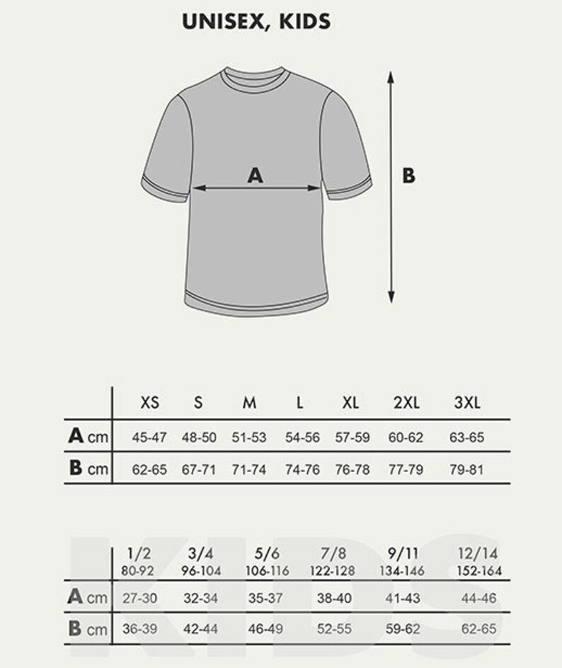 Peut inclure: Tableau des tailles pour v&ecirc;tements unisexes pour enfants avec des mesures en pouces et en centim&egrave;tres. Le tableau indique les mesures de la poitrine (A) et de la longueur (B) des v&ecirc;tements dans diff&eacute;rentes tailles, de XS &agrave; 3XL.