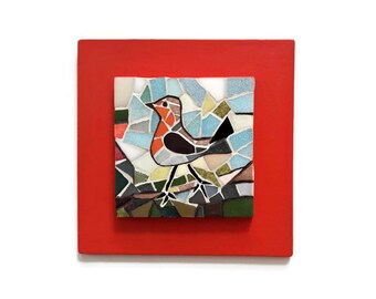 Tableau en mosaïque rouge orangé oiseau chanteur