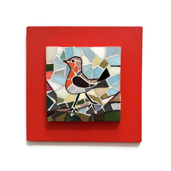 Tableau en mosaïque rouge orangé oiseau chanteur