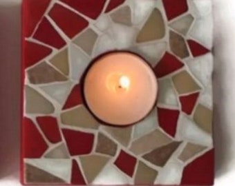 Red, cream and white mosaic candlestick