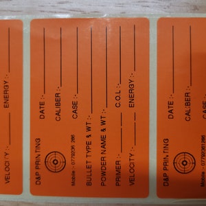 50 étiquettes autocollantes orange avec données de rechargement