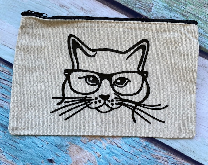 cat lover cat with glasses toiletry bag Nerdy Cat zipper pouch