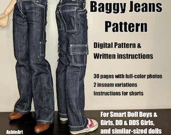 May include: A digital pattern for making baggy jeans for dolls. The pattern includes 30 pages with full-colour photos, 2 inseam variations, and instructions for shorts. The pattern is for Smart Doll Boys & Girls, DD & DDS Girls, and similar-sized dolls.