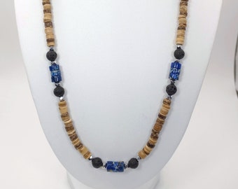 Brown Coconut, Lava & Blue Ocean Jasper Necklace, Hawaiian Jewelry, Diffuser Necklace