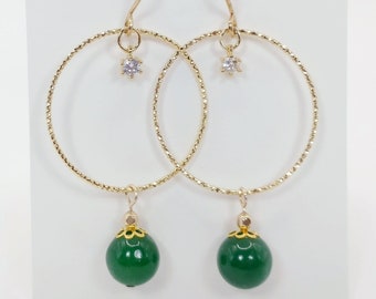 Sparkly Gold Hoop and Green Jade Earrings, Good Fortune, Good Health