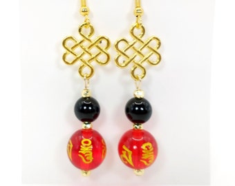Gold or Silver Good Luck Fire Mantra and Black Onyx Dangle Earrings, Tibetan Mantra Earrings, Earth Elements