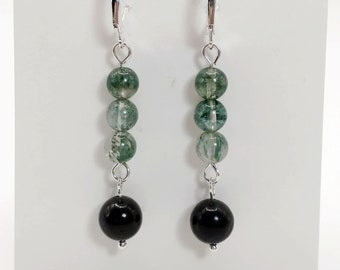 Green Rutilated Quartz and Shungite Dangle Leverback Earrings,
