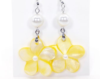 Swarovski Pearl and Mother of Pearl Plumeria Dangle Earrings, Hawaiian Jewelry,  Tropical Earrings