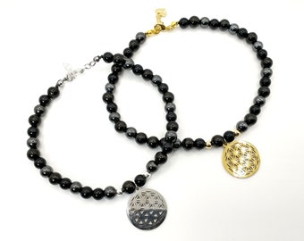 14k Gold or Sterling Silver Jet, Tourmaline, Magnetic Hematite & Flower of Life Pendant Anklet, Increases Blood Flow