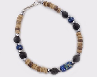 Brown Coconut, Lava & Blue Ocean Jasper Bracelet, Hawaiian Jewelry, Diffuser Necklace