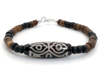 Brown & Black Coconut Bracelet with a Dragon Dzi Focal Bead, Beach Jewelry, Hawaiian Jewelry