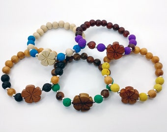 Varieties of Colors in Lava, Wood & Flower Beads, Children's and Adult Bracelets, Diffuser Bracelets
