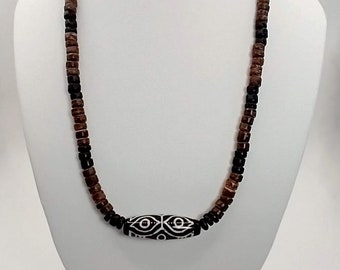 Brown & Black Coconut Necklace with a Dragon Dzi Focal Bead, Beach Jewelry, Hawaiian Jewelry