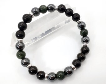 Men's Rutilated Green Quartz, Hematite, Shungite, & Sterling Silver Yoga Healing Bracelet