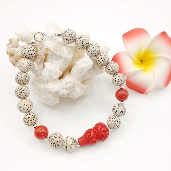 Lotus Seed, Red Cinnabar Calabash & Red Coral Bracelet, Buddhist Bracelet, Prayer Bead Bracelet