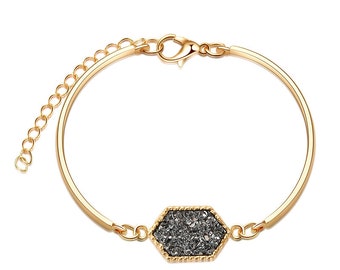 Gray Druzy & Gold Bangle Necklace, Jewelry Gift