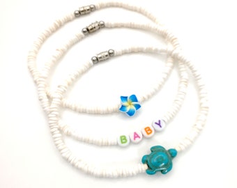 White Puka Shell Anklet, with your choice of Flower, Turtle, Name or Initials, Beach Jewelry, Wedding Gift, Hawaii Jewelry