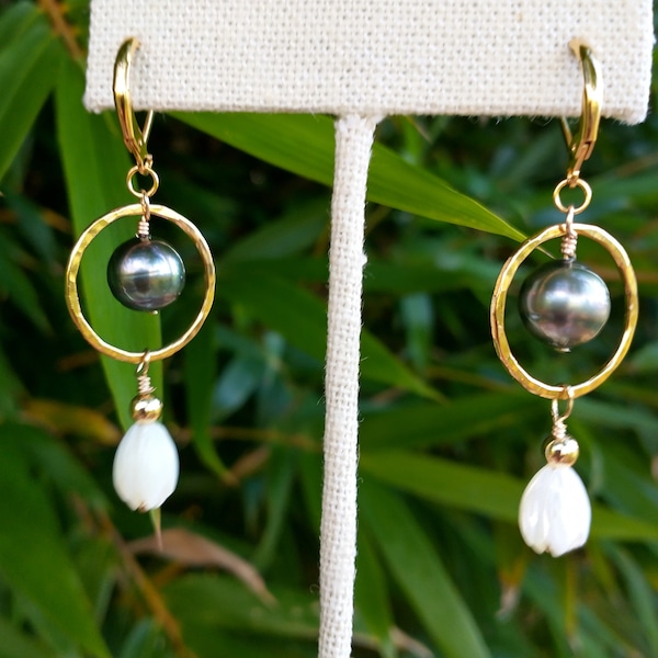 Tahitian Pearl, Pikake, Gold Hoop & 14k Lever-Back Earrings, Hawaiian Jewelry, Wedding Gift, Bridal Jewelry