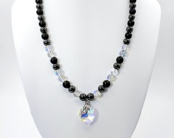 16-18" Shungite, Magnetic Hematite, Aura, & AB Crystal Heart Choker Pendant Necklace, EMF Protection, Healing Stone