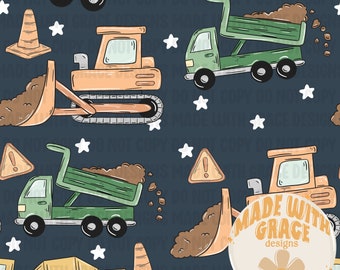 May include: A seamless pattern featuring construction vehicles like dump trucks and bulldozers in shades of orange and green, with brown dirt and white stars on a navy blue background. Includes traffic cones and warning signs.