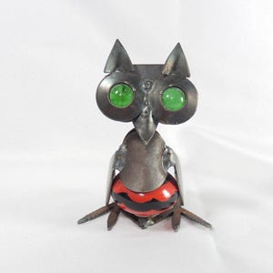 METAL OWL BIRD Figurine 4" with Marble Eyes | Handmade using Recycled Metal , Ceramic Cabinet Knob Door Pull, & Marbles | Cute Sculpture