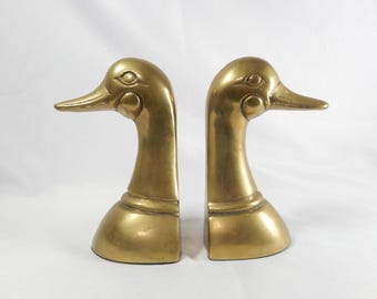 2 Vintage Brass Duck Bookends, Pair of Mallard Head Shelf Statues, Mid Century Modern Library Decor, Retro Animal Waterfowl Paperweights