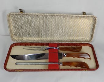 Juego de trinchar vintage PREMIER SHEFFIELD ENGLAND - Mangos de baquelita - 3 piezas de cuchillo, afilador y tenedor - Acero inoxidable - Juego vintage en caja de almacenamiento