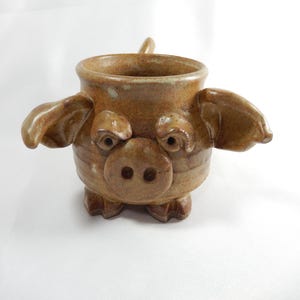 UGLY FACE PIG Pottery Mug - Studio Art Goofy Face 3D Piggy Unsigned - Hand Thrown / Handmade Clay Coffee / Tea Folk Art Cup Big Nose & Ears
