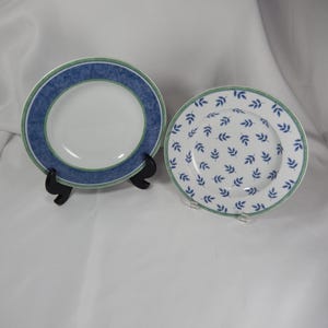 May include: Two white ceramic plates with blue and green decorative borders. One plate has a blue textured border, the other has a white background with blue leaf patterns. Both plates are on black stands.
