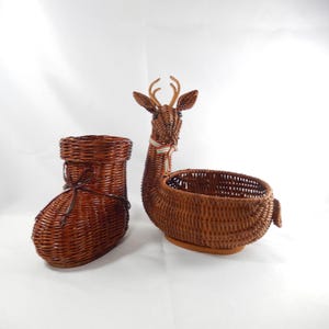 2 Vtg WICKER BOOT & REINDEER / Deer | Pair of Rattan Woven Basket Planters | Christmas or Every Day Use | Boho / Farmhouse Decor