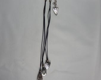 Vtg BRIGHTON BRAZILIAN HEARTS Necklace - Gorgeous Layered Silver Tone Charms on Triple Strand Black Cord 15-18" - Vintage Retired