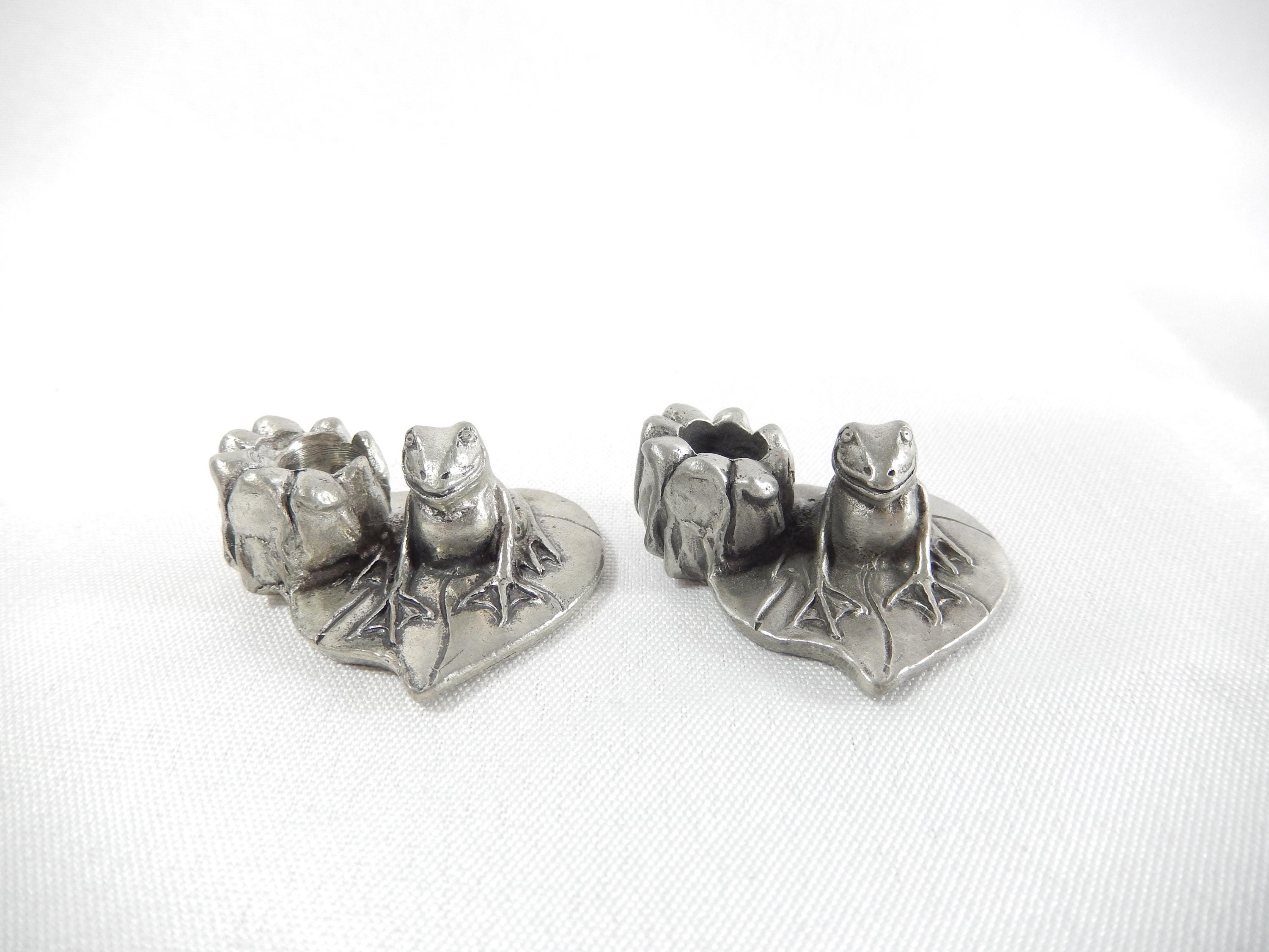 2 Vtg BLACKFISH PEWTER FROG Candle Holders | Mini Frogs on Heart