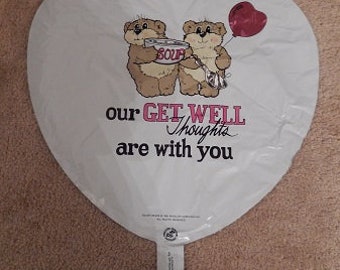 Vintage BLUSH BEARS 18" Mylar / Helium Heart Shaped BALLOON - 1980's New / Unused - Our Get Well Thoughts Are With You - Rare